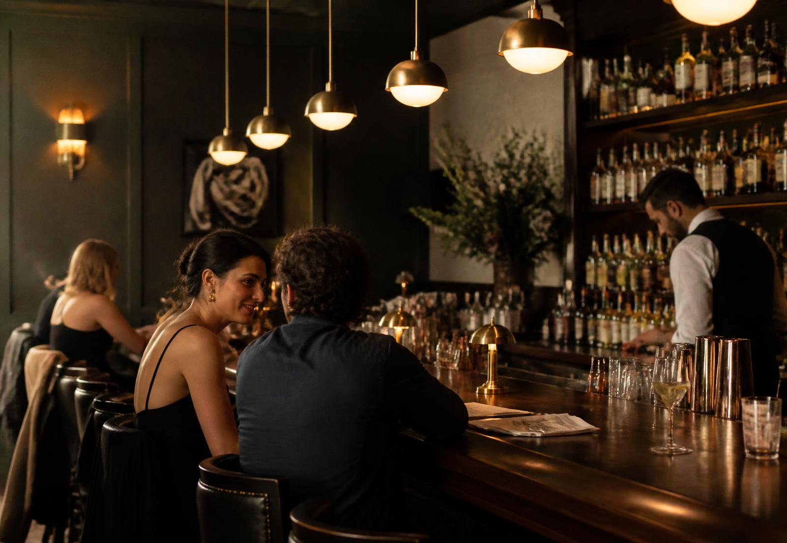 Guests gathered at a warmly lit hospitality bar
